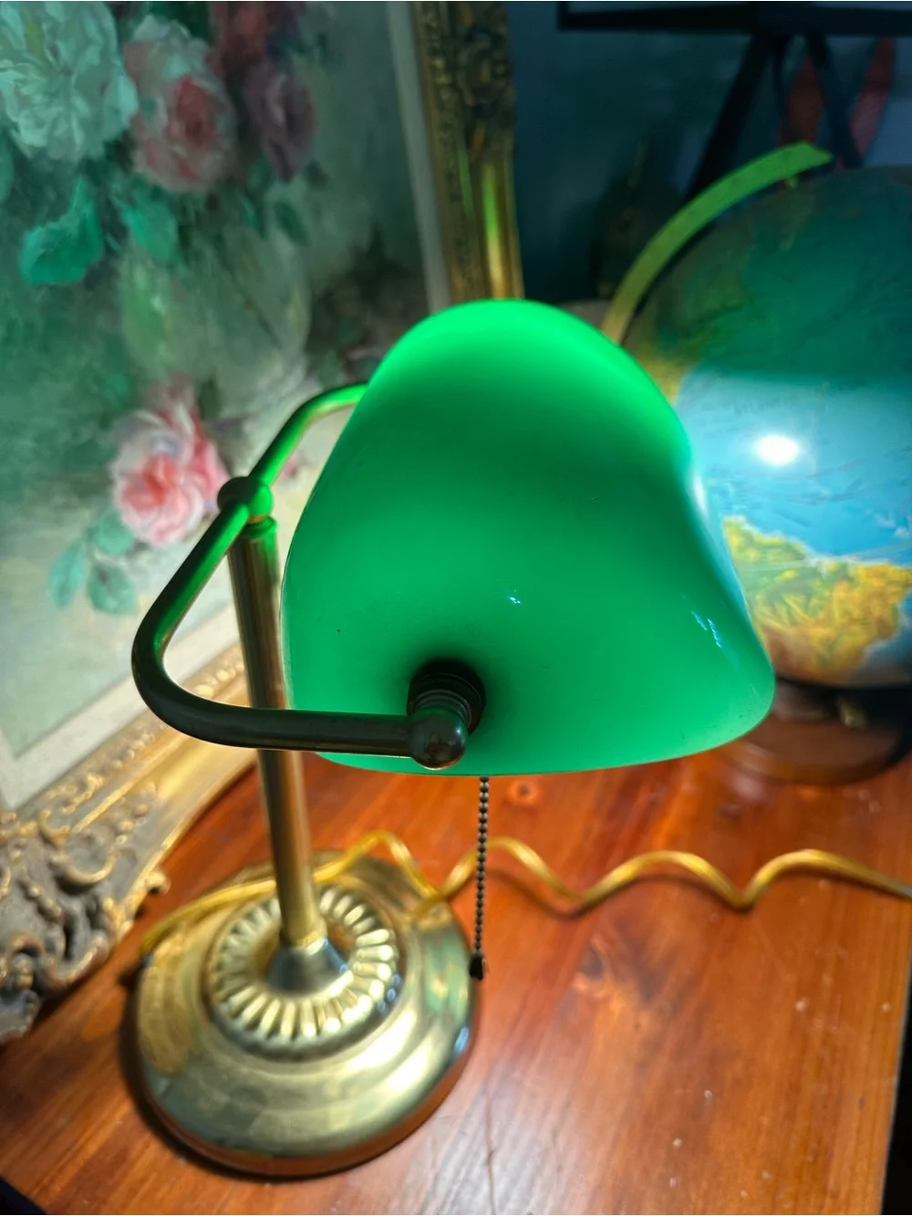 Vintage Green Glass and Brass Banker's Desk Lamp